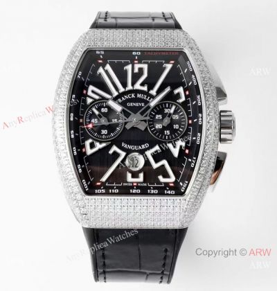 Swiss Grade 1 Replica Franck Muller Vanguard Yachting V45 Seagull 7750 Watch Diamond Case Black Dial